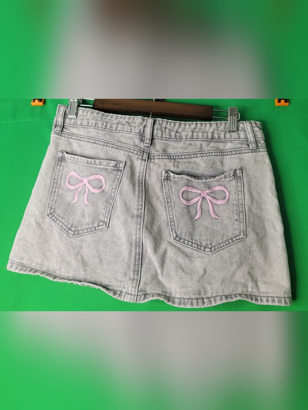 Ashley Mason Light Gray Denim Mini Skirt Sz 5 27 Pink Bow Women Junior Y2k Jean